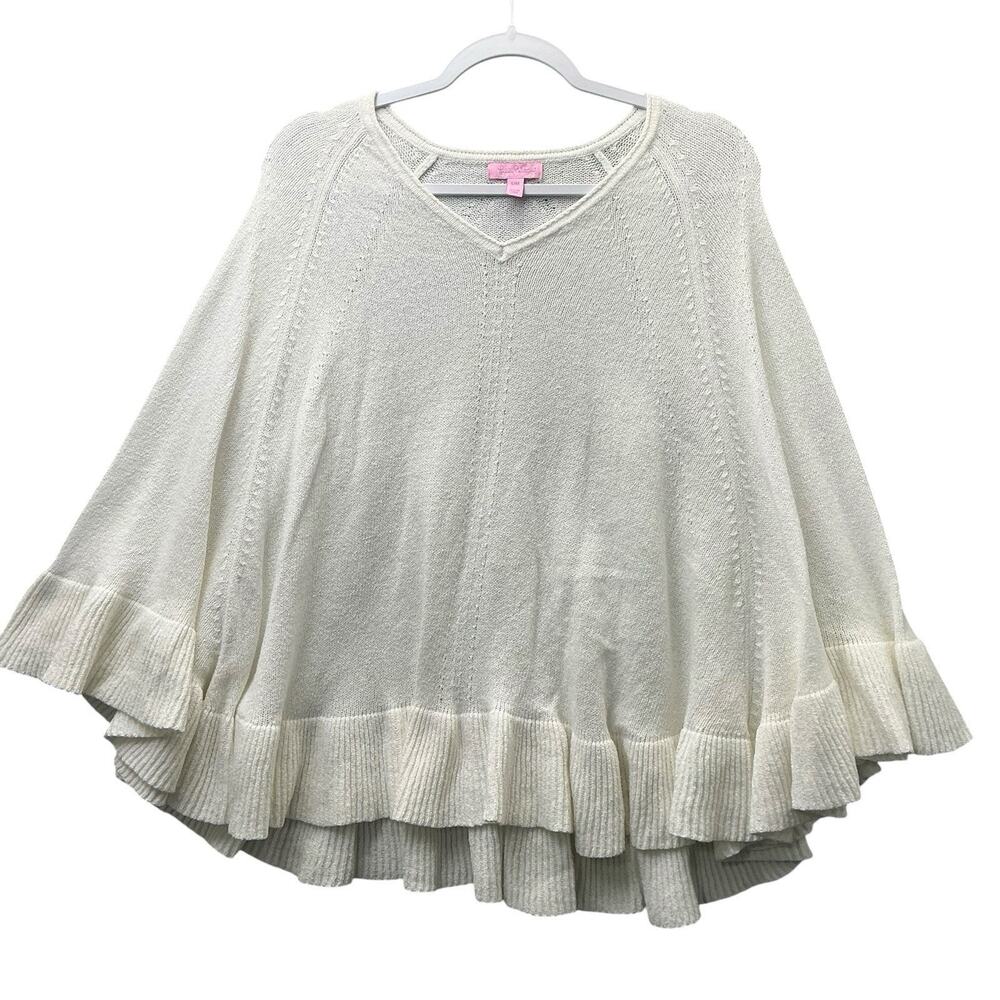 Lilly Pulitzer Ruffle Hem Poncho Sweater Women Cream Knit Quiet Luxury Sz. S/M